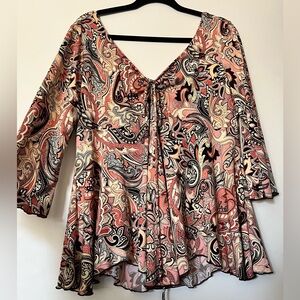 j.t.b. Pink and Brown Paisley Flowy V-Neck Tie-Front Blouse